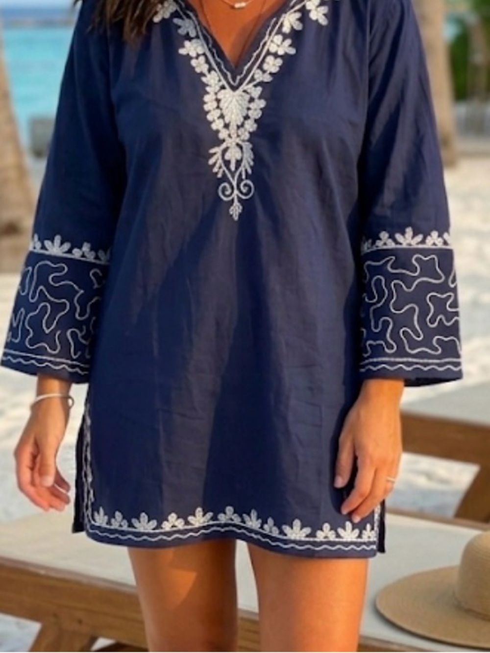 SOLD 100% Cotton Wayan Natural Wear Embroidered Tunic Beach Cover Up L/XL - Picture 1 of 15